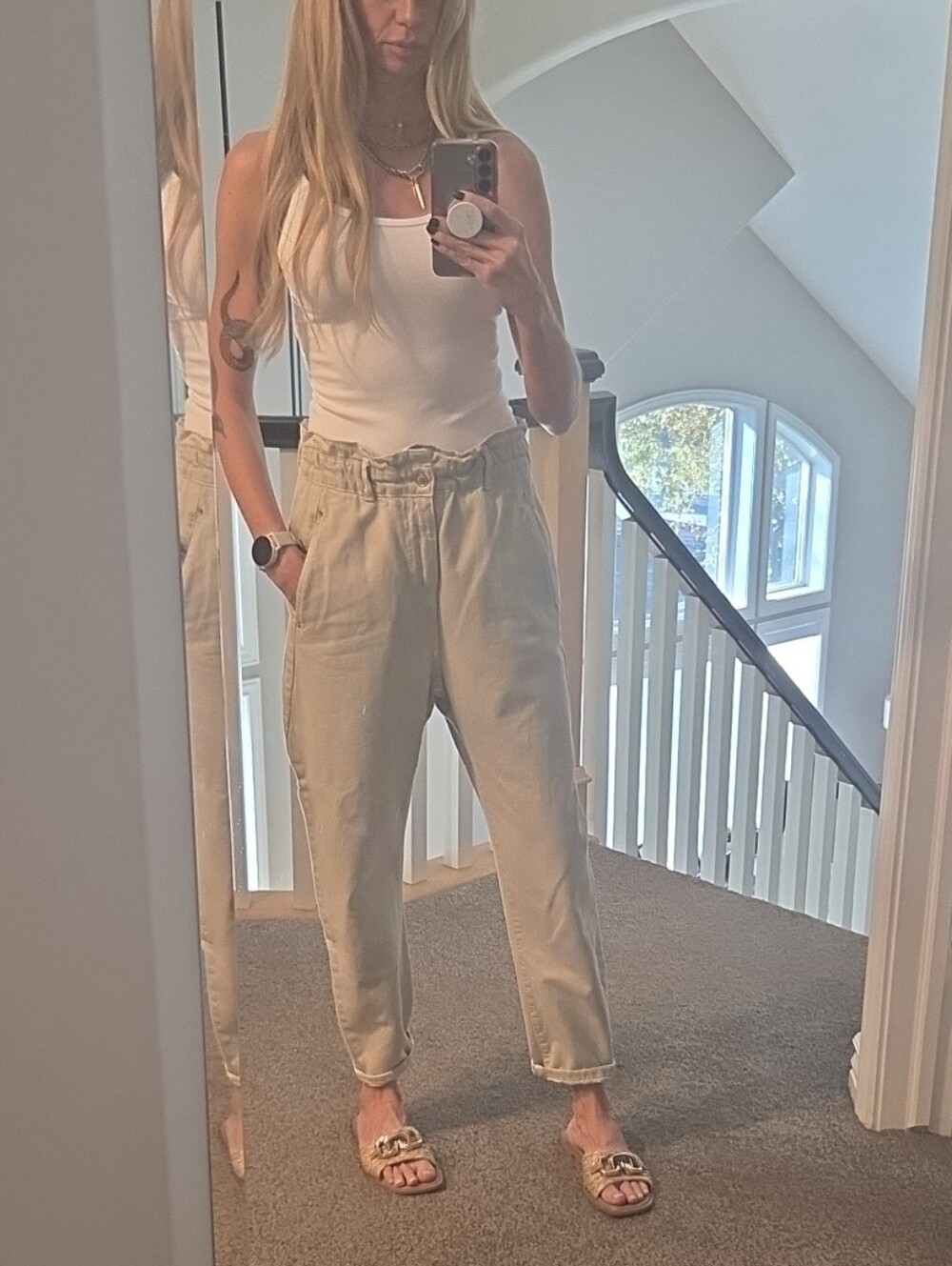 Zara High-Rise Paperbag Straight-Leg Pants - Light sage green